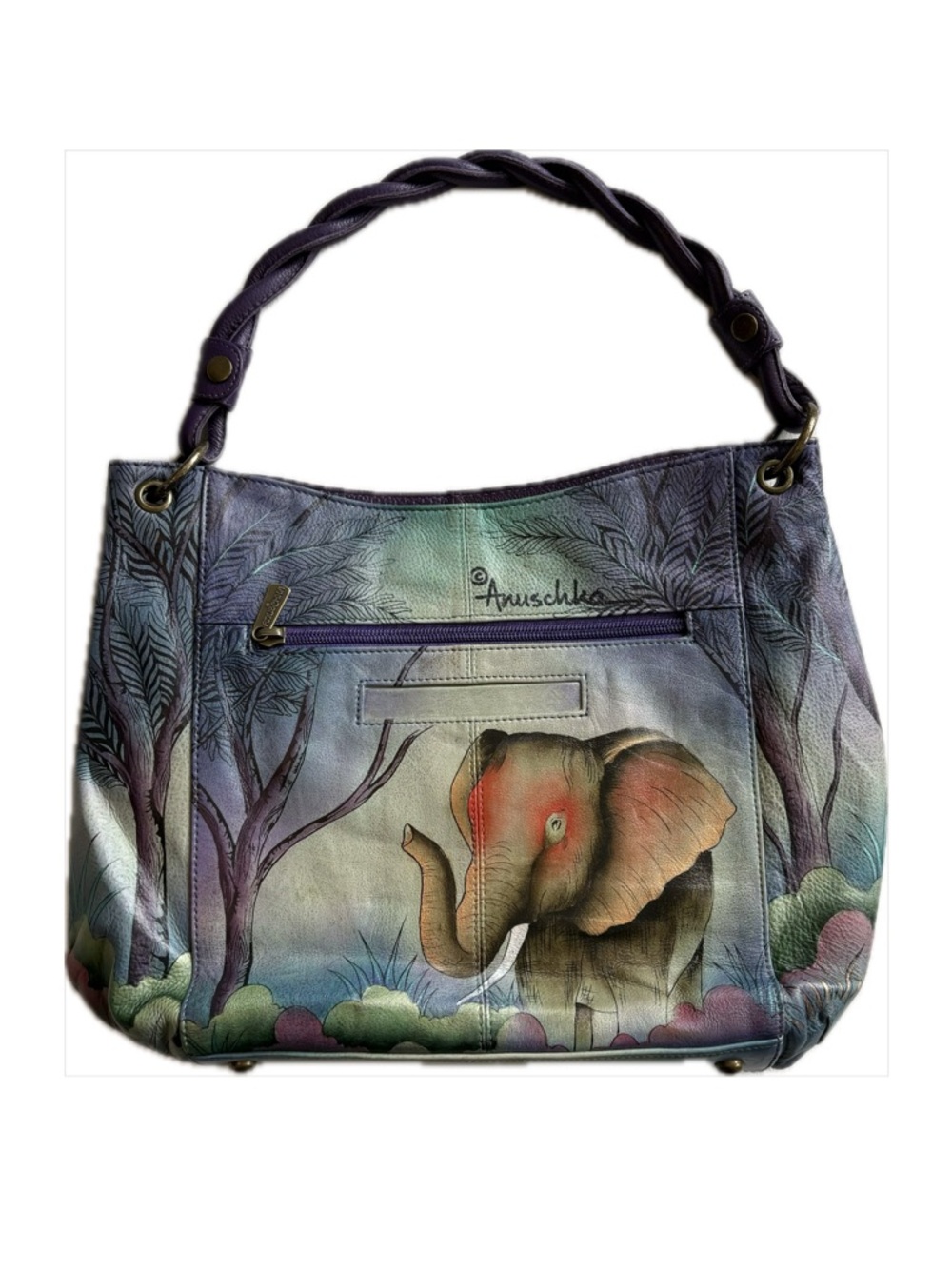 Anuschka Elephant Family Hand Painted Leather Bag Purple Green NWOT
